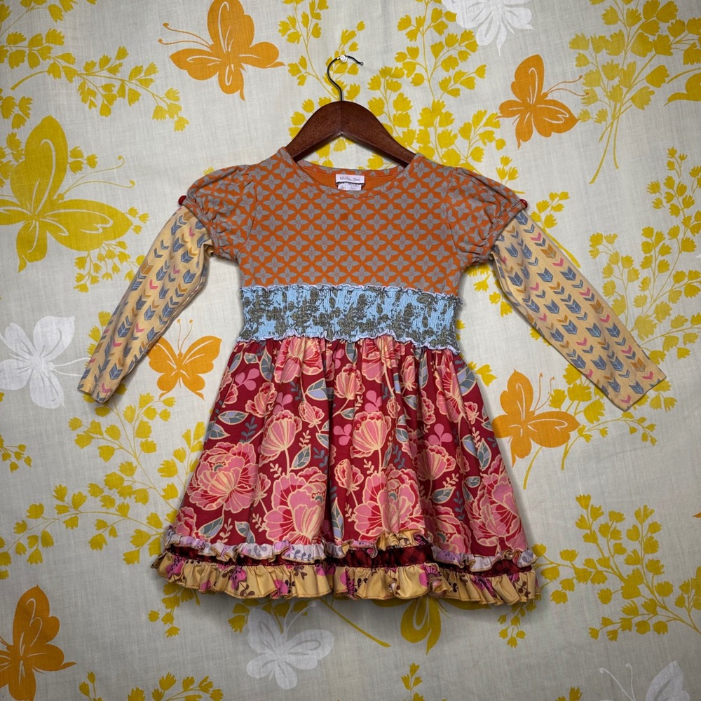 Matilda Jane Girls Orange Floral Mixed Media Ruffle Dress Size 4 Long Sleeve